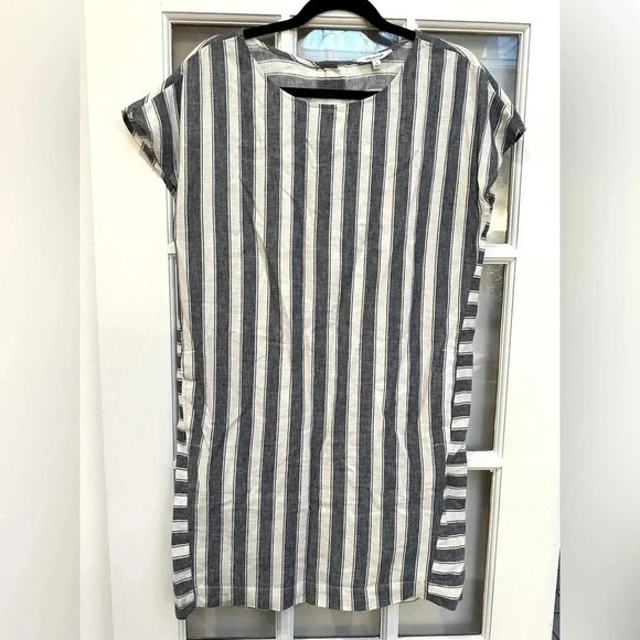 Madewell | Blue White Stripe Play Button Back Linen Blend Preppy Dress Size S - Picture 5 of 13